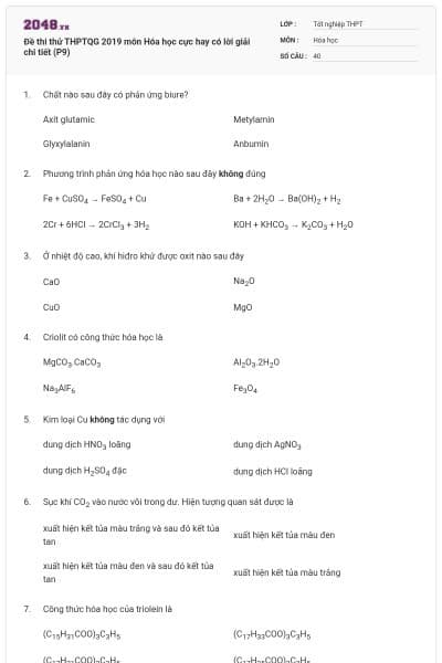 Đề thi thử THPTQG 2019 môn Hóa học cực hay có lời giải chi tiết (P9)