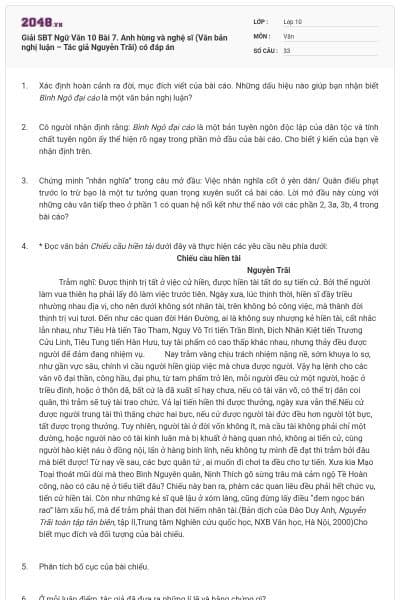 Giải SBT Ngữ Văn 10 Bài 7. Anh hùng và nghệ sĩ  (Văn bản nghị luận – Tác giả Nguyễn Trãi) có đáp án
