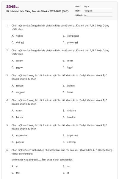 Đề thi chính thức Tiếng Anh vào 10 năm 2020-2021 (Đề 2)