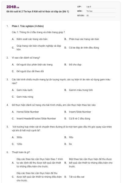 Đề thi cuối kì 2 Tin học 8 Kết nối trí thức có đáp án (Đề 1)