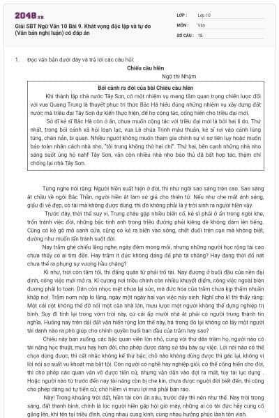 Giải SBT Ngữ Văn 10 Bài 9. Khát vọng độc lập và tự do (Văn bản nghị luận) có đáp án