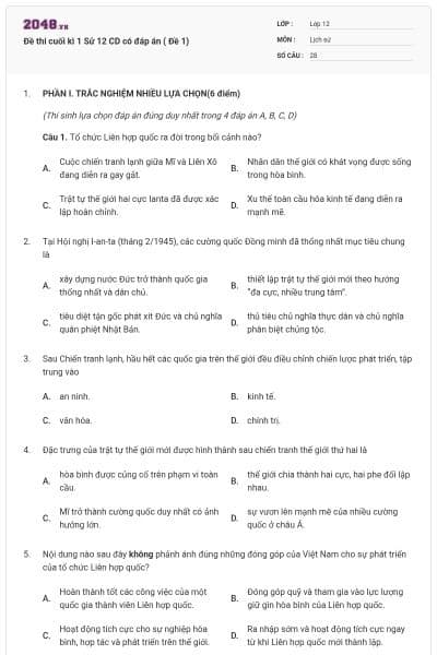 Đề thi cuối kì 1 Sử 12 CD có đáp án ( Đề 1)