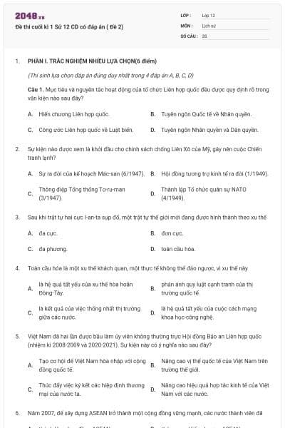 Đề thi cuối kì 1 Sử 12 CD có đáp án ( Đề 2)