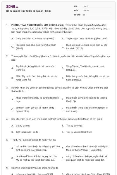 Đề thi cuối kì 1 Sử 12 CD có đáp án ( Đề 3)