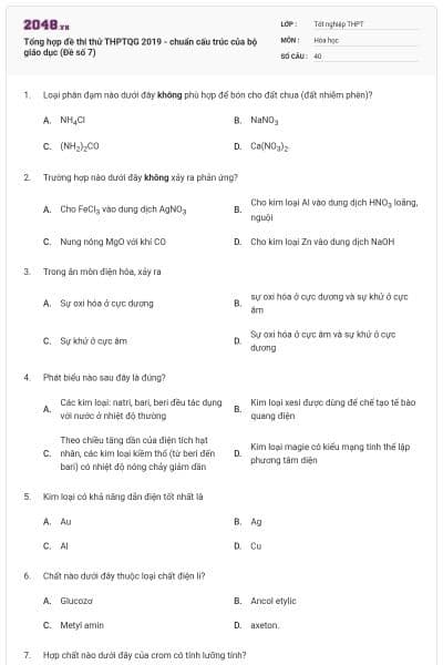 Tổng hợp đề thi thử THPTQG 2019 - chuẩn cấu trúc của bộ giáo dục (Đề số 7)
