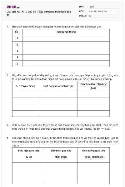 Giải SBT HĐTN 10 Chủ đề 1: Xây dựng nhà trường có đáp án