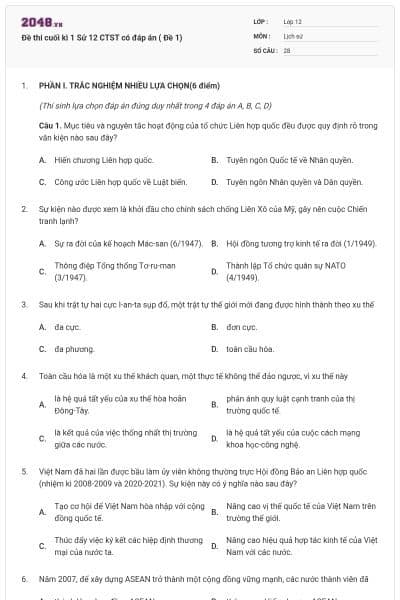 Đề thi cuối kì 1 Sử 12 CTST có đáp án ( Đề 1)