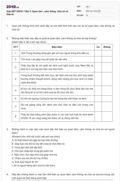 Giải SBT GDCD 7 Bài 3: Quan tâm , cảm thông. chia sẻ có đáp án