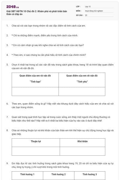 Giải SBT HĐTN 10 Chủ đề 2: Khám phá và phát triển bản thân có đáp án