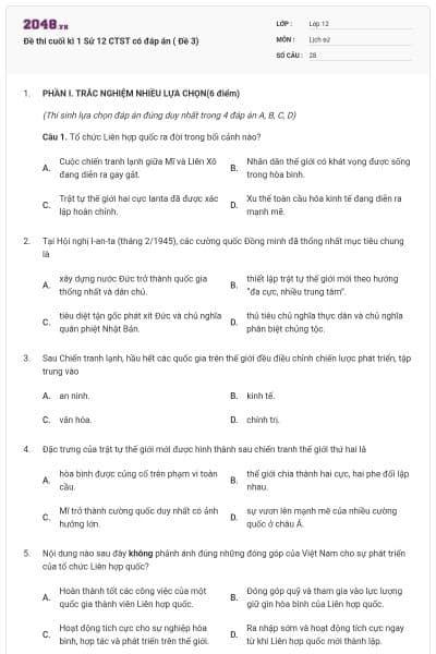 Đề thi cuối kì 1 Sử 12 CTST có đáp án ( Đề 3)