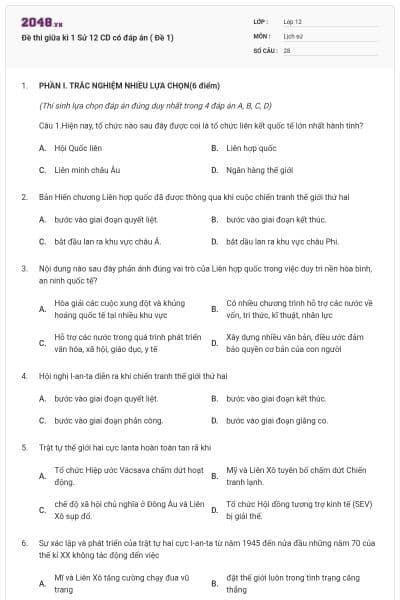 Đề thi giữa kì 1 Sử 12 CD có đáp án ( Đề 1)