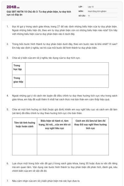 Giải SBT HĐTN 10 Chủ đề 3: Tư duy phản biện, tư duy tích cực có đáp án