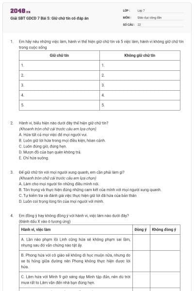 Giải SBT GDCD 7 Bài 5: Giữ chữ tín có đáp án