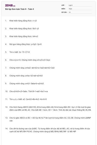 Bài tập theo tuần Toán 8 - Tuần 4