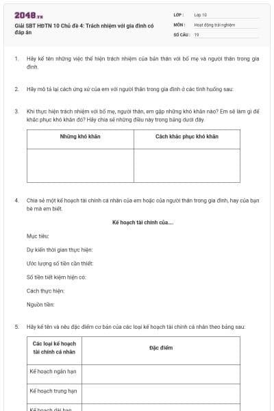 Giải SBT HĐTN 10 Chủ đề 4: Trách nhiệm với gia đình có đáp án