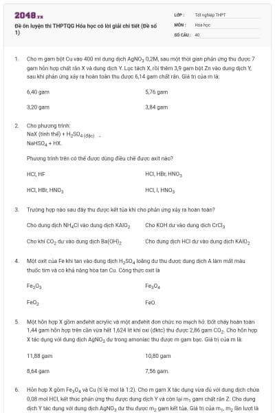 Đề ôn luyện thi THPTQG Hóa học có lời giải chi tiết (Đề số 1)