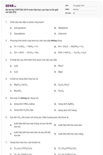 Đề thi thử THPTQG 2019 môn Hóa học cực hay có lời giải chi tiết (P9)