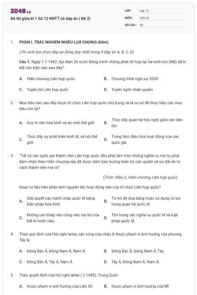 Đề thi giữa kì 1 Sử 12 KNTT có đáp án ( Đề 3)