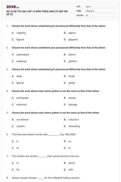 BỘ 30 ĐỀ THI VÀO LỚP 10 MÔN TIẾNG ANH CÓ ĐÁP ÁN - ĐỀ 25