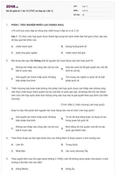 Đề thi giữa kì 1 Sử 12 CTST có đáp án ( Đề 1)