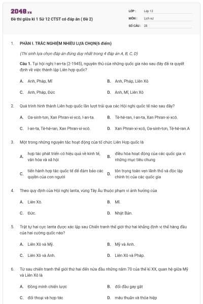 Đề thi giữa kì 1 Sử 12 CTST có đáp án ( Đề 2)