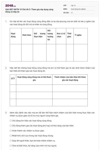 Giải SBT HĐTN 10 Chủ đề 5: Tham gia xây dựng cộng đồng có đáp án