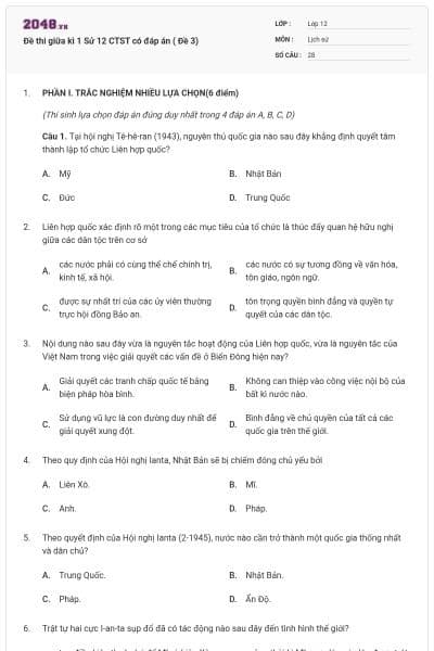 Đề thi giữa kì 1 Sử 12 CTST có đáp án ( Đề 3)
