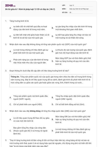 Đề thi giữa kì 1 Kinh tế pháp luật 12 CD có đáp án ( Đề 2)