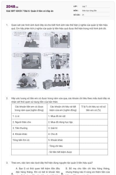 Giải SBT GDCD 7 Bài 6: Quản lí tiền có đáp án