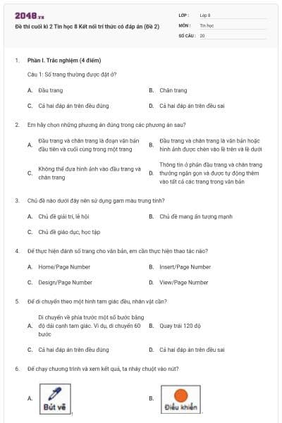 Đề thi cuối kì 2 Tin học 8 Kết nối trí thức có đáp án (Đề 2)