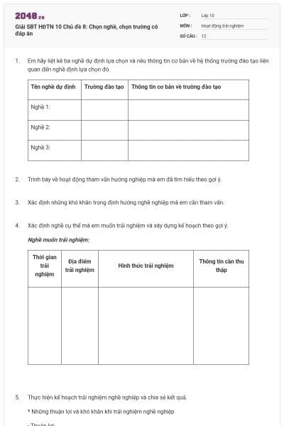 Giải SBT HĐTN 10 Chủ đề 8: Chọn nghề, chọn trường có đáp án