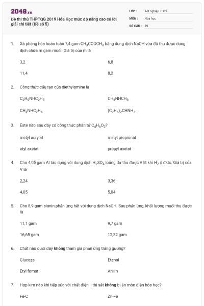 Đề thi thử THPTQG 2019 Hóa Học mức độ nâng cao có lời giải chi tiết (Đề số 5)