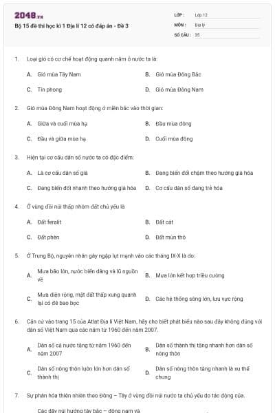 Bộ 15 đề thi học kì 1 Địa lí 12 có đáp án - Đề 3