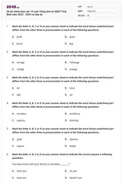 Đề thi chính thức vào 10 môn Tiếng Anh sở GDĐT Thái Bình năm 2023 - 2024 có đáp án
