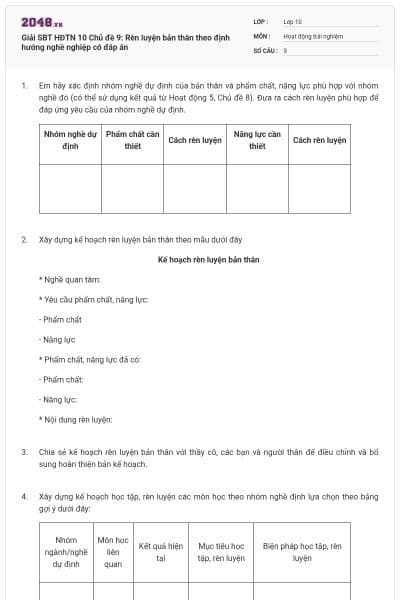 Giải SBT HĐTN 10 Chủ đề 9:  Rèn luyện bản thân theo định hướng nghề nghiệp có đáp án