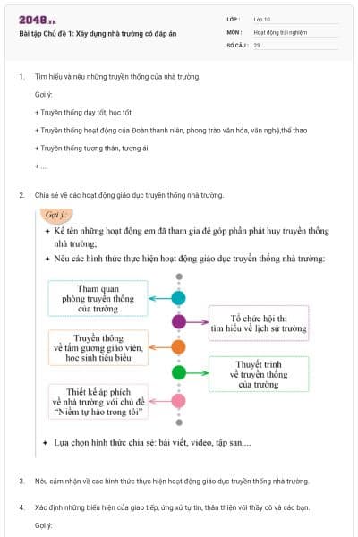 Bài tập Chủ đề 1: Xây dựng nhà trường có đáp án