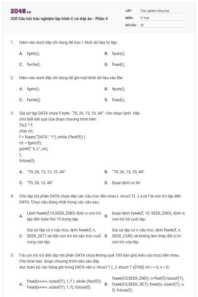 320 Câu hỏi trắc nghiệm lập trình C có đáp án - Phần 4