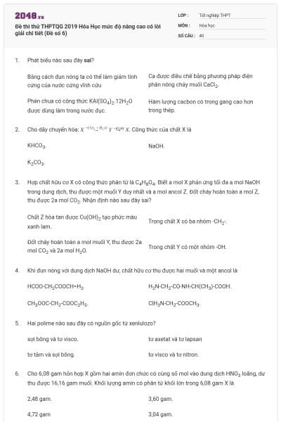 Đề thi thử THPTQG 2019 Hóa Học mức độ nâng cao có lời giải chi tiết (Đề số 6)