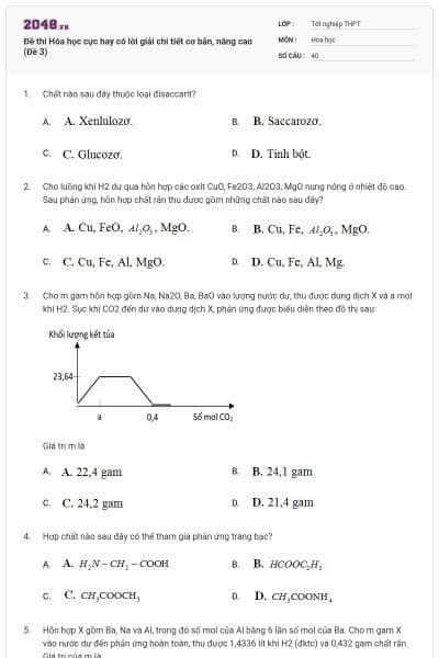 Đề thi Hóa học cực hay có lời giải chi tiết cơ bản, nâng cao (Đề 3)