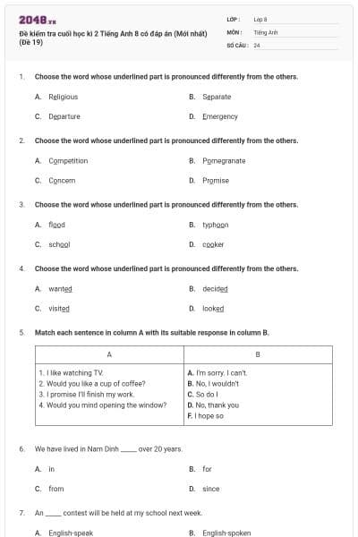 Đề kiểm tra cuối học kì 2 Tiếng Anh 8 có đáp án (Mới nhất) (Đề 19)