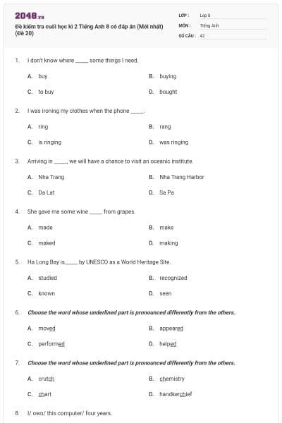 Đề kiểm tra cuối học kì 2 Tiếng Anh 8 có đáp án (Mới nhất) (Đề 20)