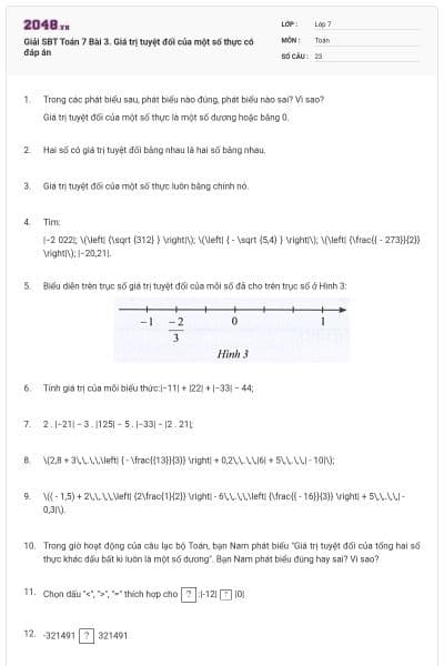 Giải SBT Toán 7 Bài 3. Giá trị tuyệt đối của một số thực có đáp án