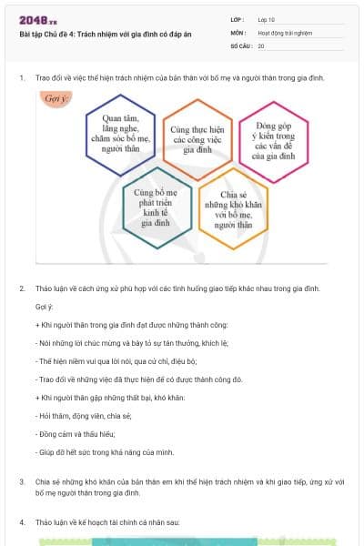 Bài tập Chủ đề 4: Trách nhiệm với gia đình có đáp án