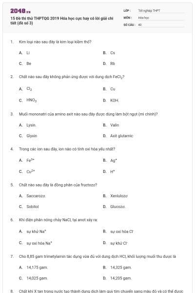 15 Đề thi thử THPTQG 2019 Hóa học cực hay có lời giải chi tiết (đề số 3)