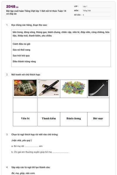 Bài tập cuối tuần Tiếng Việt lớp 1 Kết nối tri thức Tuần 14 có đáp án