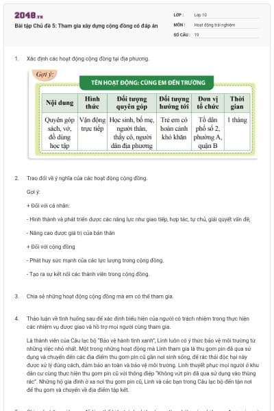 Bài tập Chủ đề 5: Tham gia xây dựng cộng đồng có đáp án