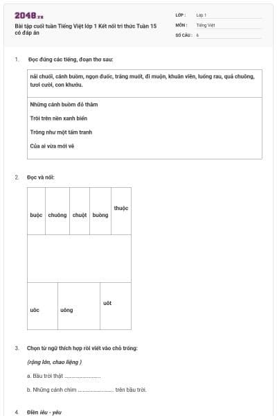 Bài tập cuối tuần Tiếng Việt lớp 1 Kết nối tri thức Tuần 15 có đáp án
