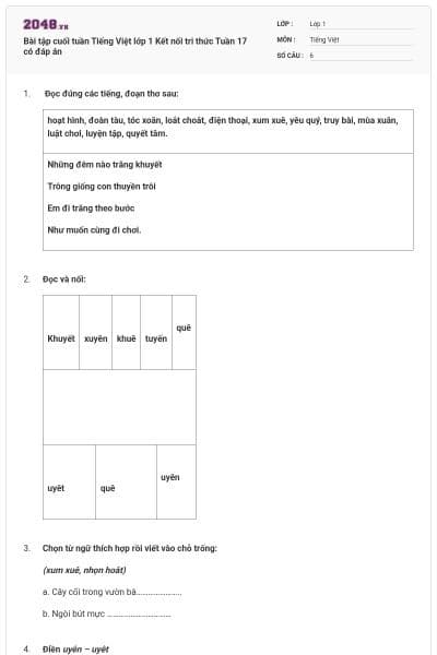 Bài tập cuối tuần Tiếng Việt lớp 1 Kết nối tri thức Tuần 17 có đáp án