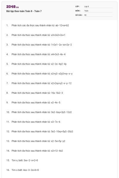 Bài tập theo tuần Toán 8 - Tuần 7