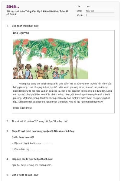 Bài tập cuối tuần Tiếng Việt lớp 1 Kết nối tri thức Tuần 18 có đáp án